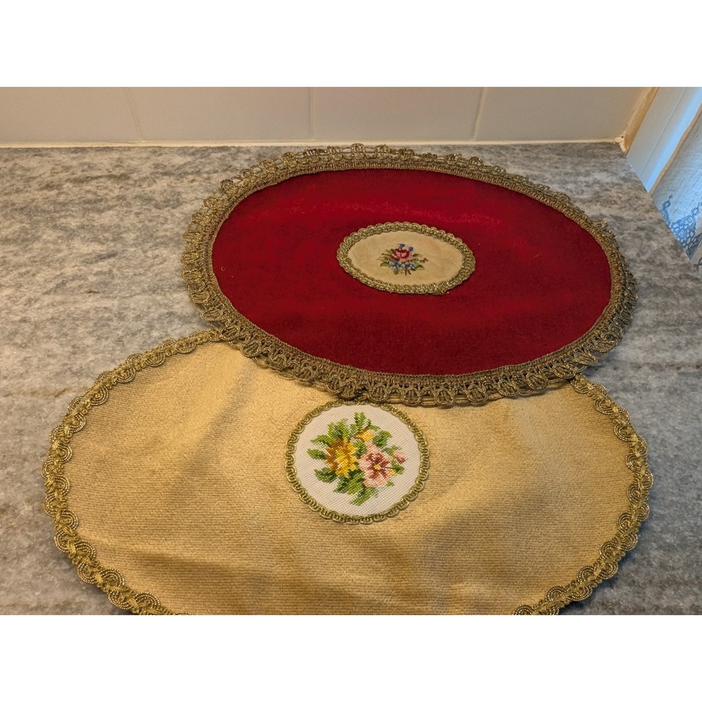 Hungarian Velvet Table Toppers Tapestry w/ Gold Trim, Set Of Two With Embroidery